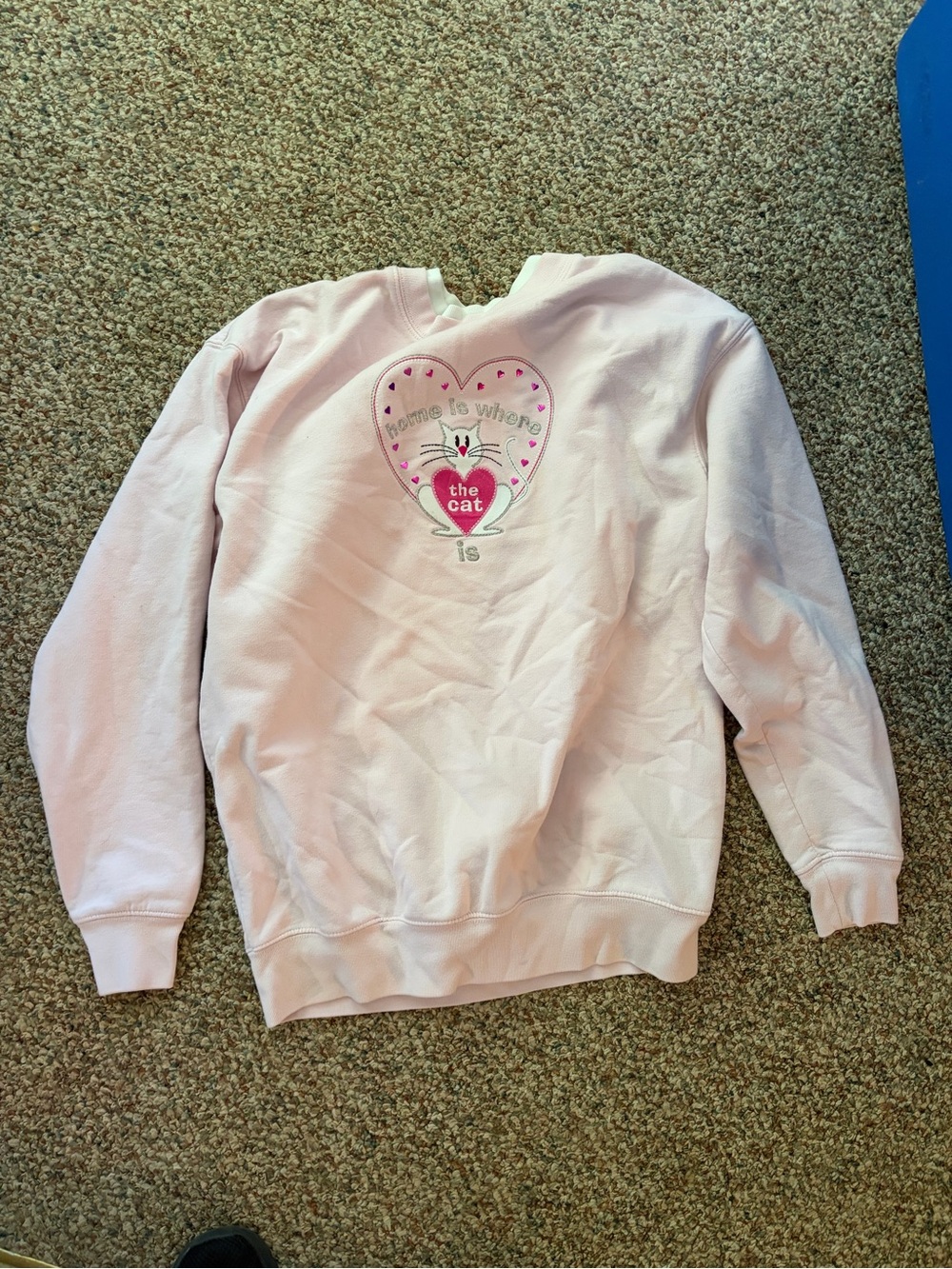 Light Pink Cat Heart Embroidered Crewneck - Faux Layering Look - Y2K Grannycore